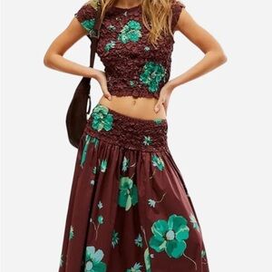 Free People Carino 2pc Printed Set in French Chocolate Combo Top and Skirt Coord